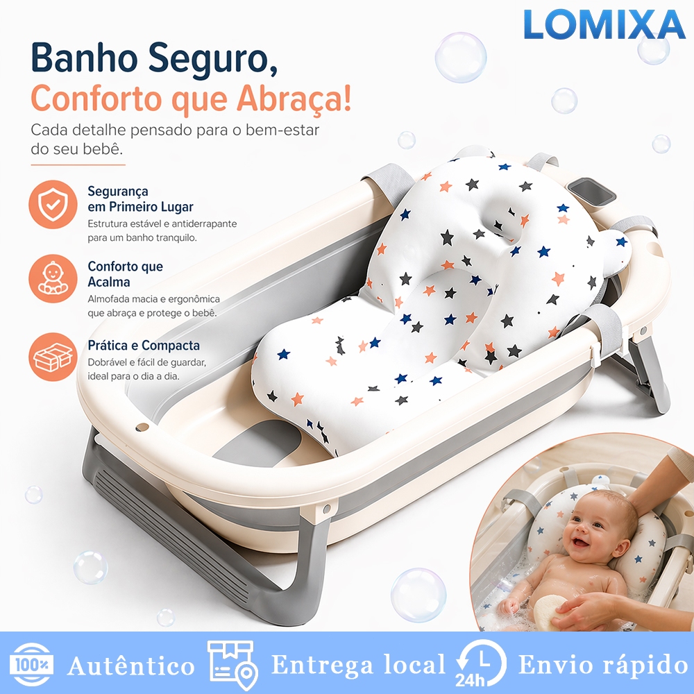 Banheira Dobrável Bebê Portátil Com Termômetro Almofada Para Recém Nascido Kit Banho