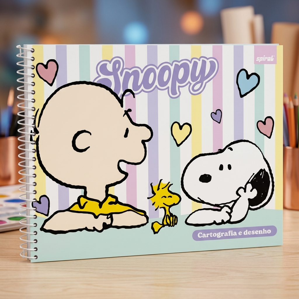 Caderno de Desenho Snoopy Cartografia 80 Folhas Capa Dura Cachorro Dog Charlie Brown Aula Artes