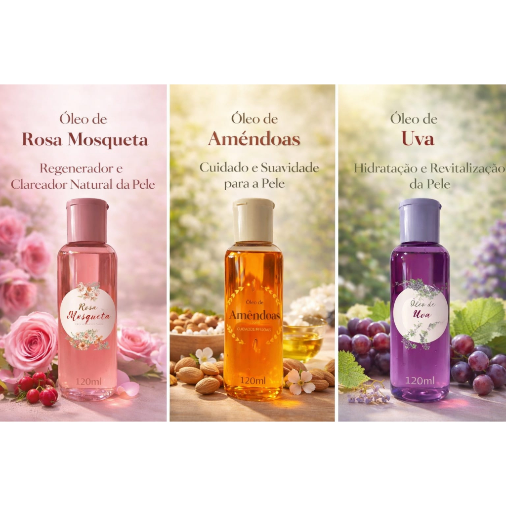 Óleos Corporais Naturais Rosa Mosqueta, Amendoas Doces e Uva