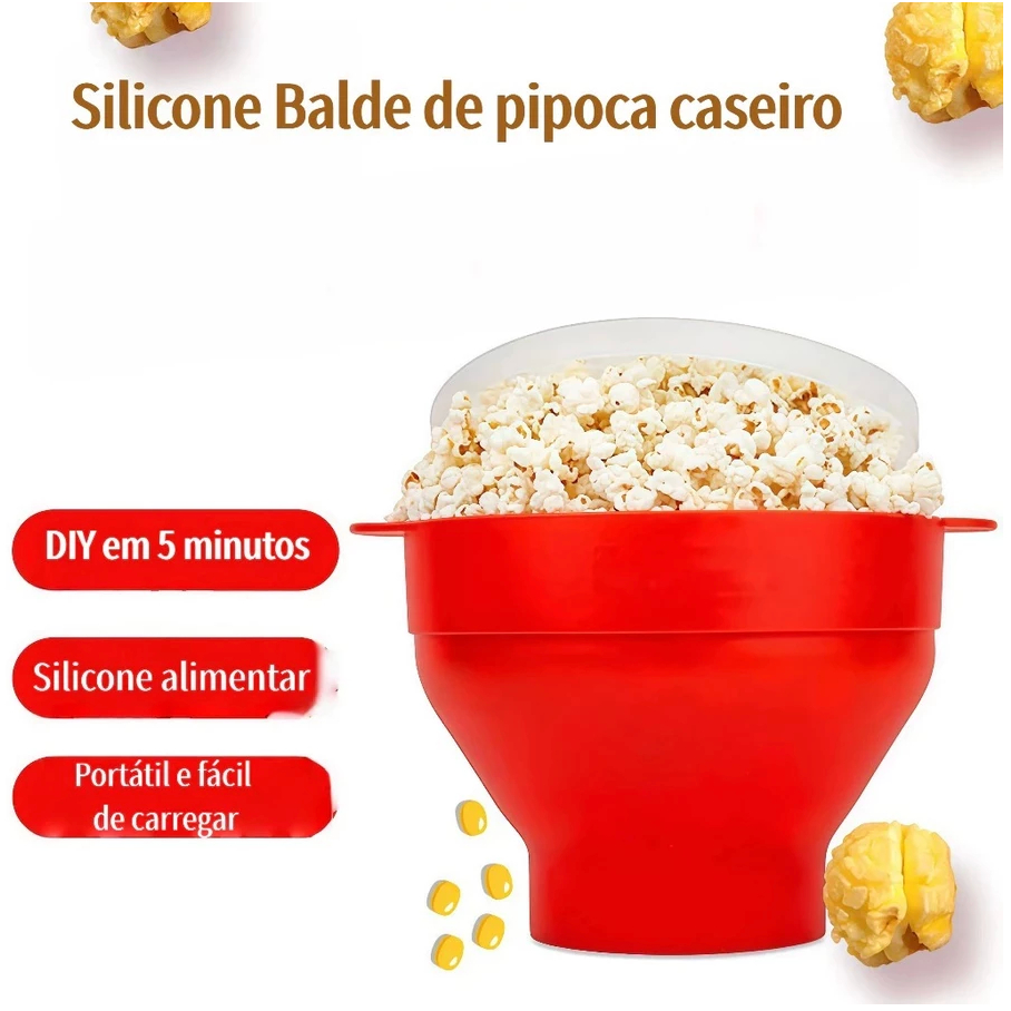 Pipoqueira Silicone Dobrável Microondas Tampa Vermelha Sem Óleo Portátil Fácil Limpeza Pipoca Caseira Saudável