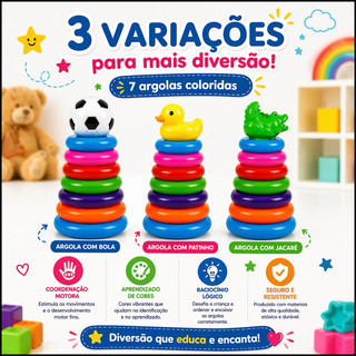 Brinquedo Lúdico Argolas Coloridas para Desenvolvimento Infantil Patinho Didático