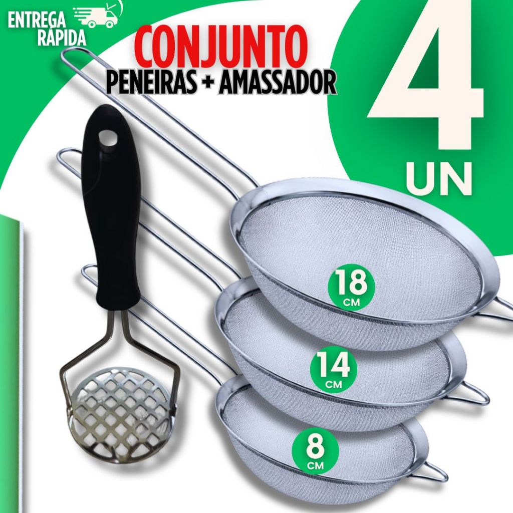 Kit 04 Pc Peneira Coador Manual Aço Inox 3 Tamanhos 14cm 08cm 18cm + 1 amassador de batata Qualidade