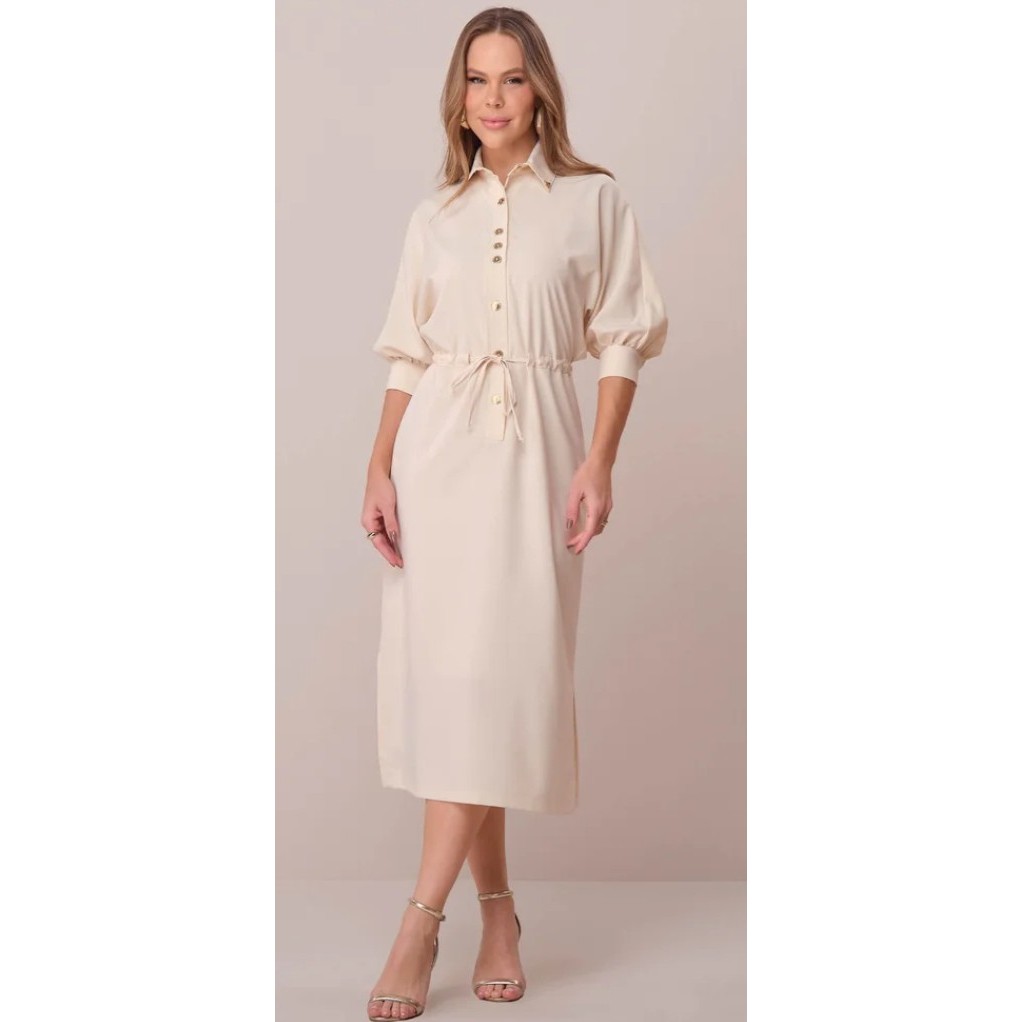 Vestido Midi no Crepe com Mangas 3/4 Iara - Tata Martello - COR BEGE  - TAMANHO G