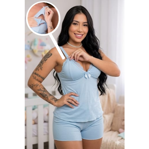 Baby Doll Amamentação | Pijama Gestante Pós parto Maternidade Confortável abre fácil