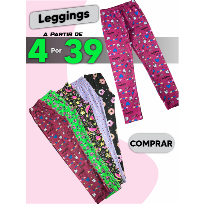Kit 3 Calças Legging Infantil Estampas Sortidas Cotton 100% Algodão 4-8