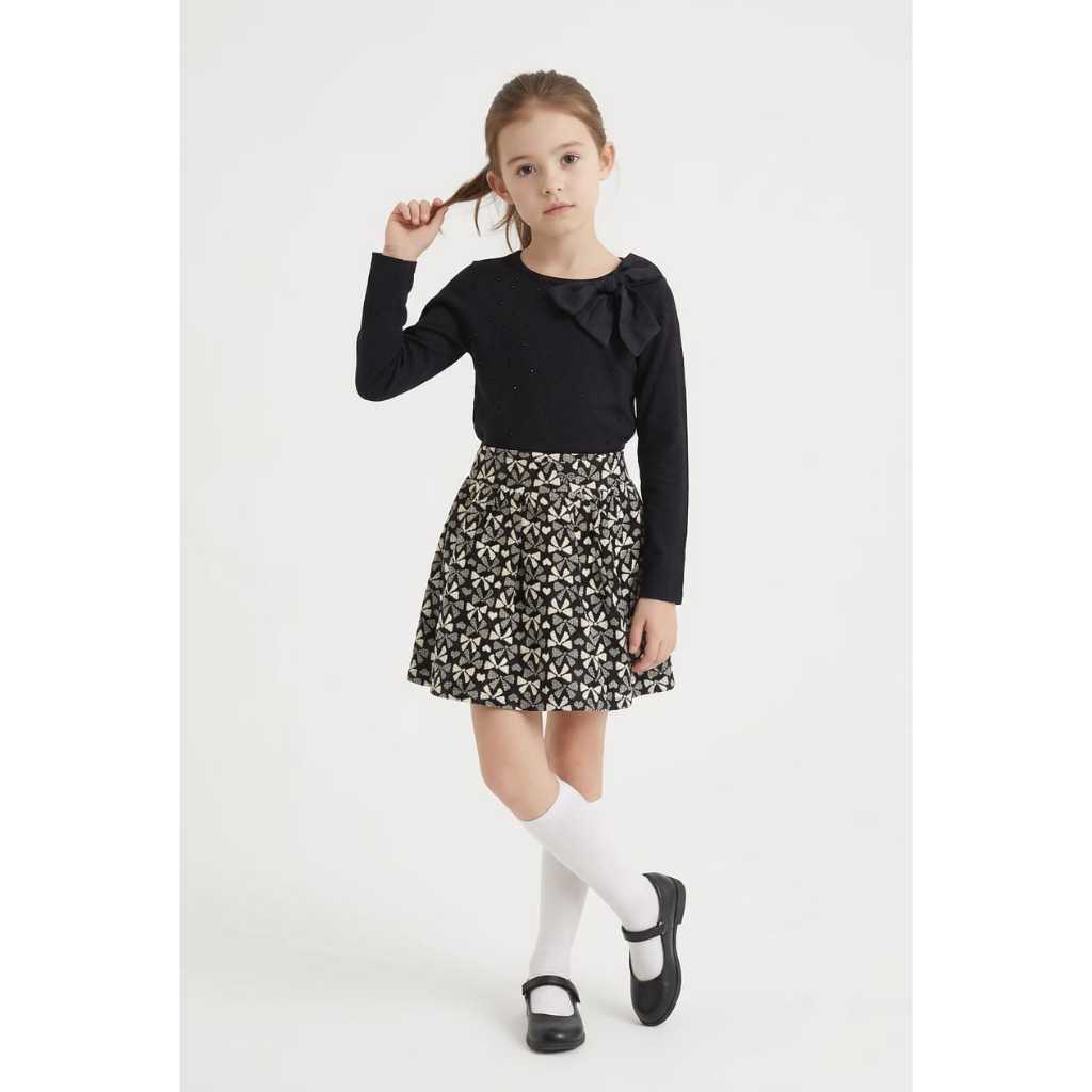 Conjunto Infantil Menina Momi | Blusa Meia Estação Manga Longa com Laço e Strass Saia em de Jacquard | Tamanhos: 6 e10