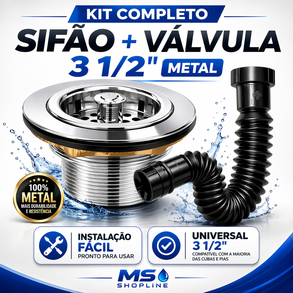 Kit Sifão Sanfonado Flexível Universal Preto + Válvula Americana Inox Metal 3 1/2 Pia Cozinha Completo