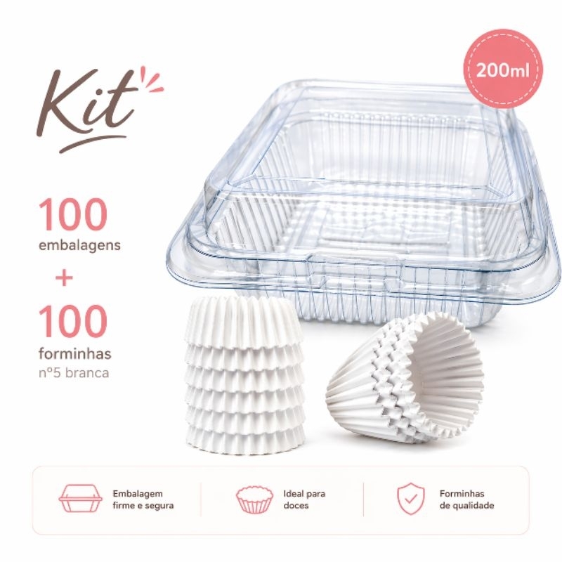 kit 100 embalagens quadrada doces brigadeiros + 100 forminhas papel n5 branca doces brigadeiros