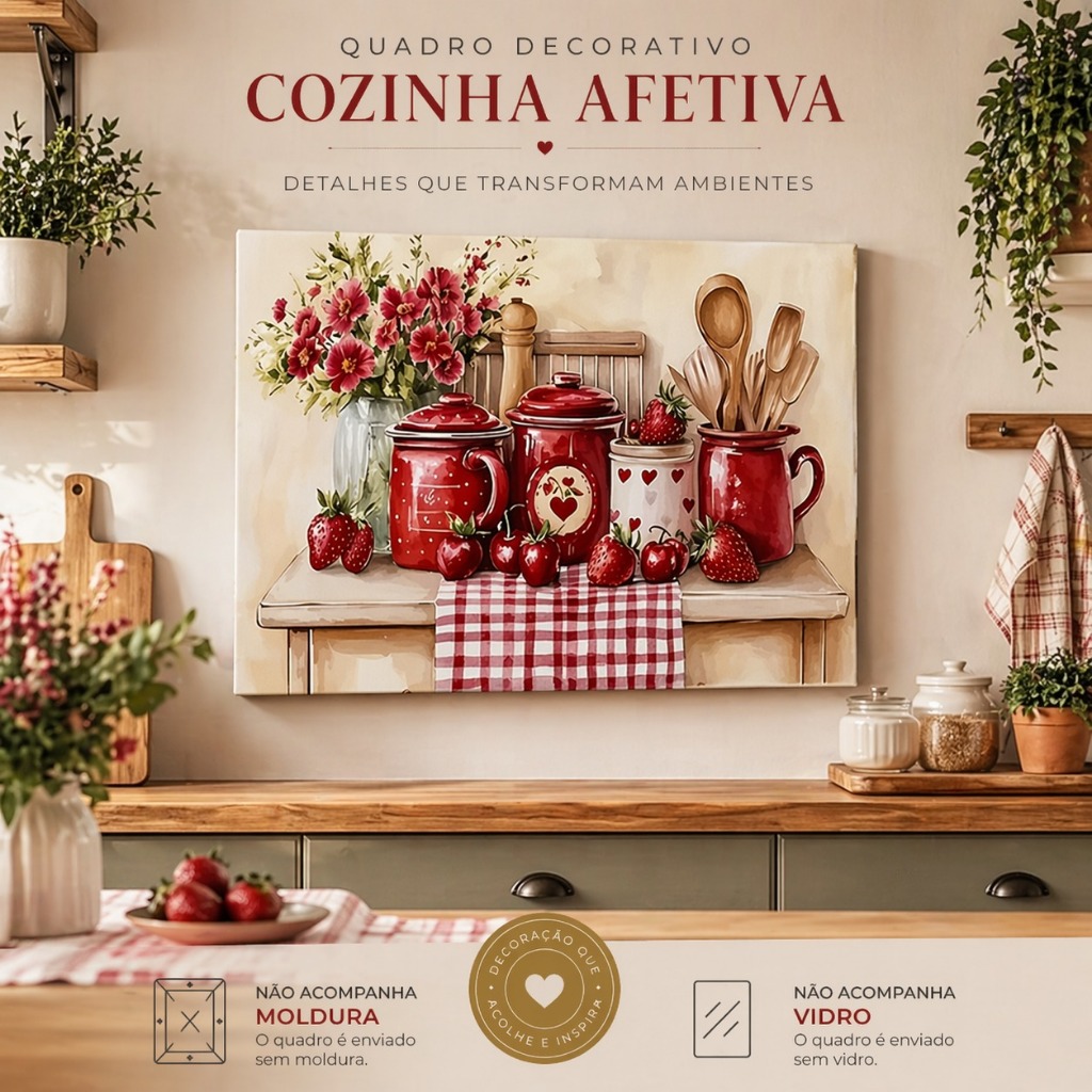 Quadro Decorativo Cozinha Rústica Flores Cerejas Morangos Florais Estilo Vintage Charmoso Presente