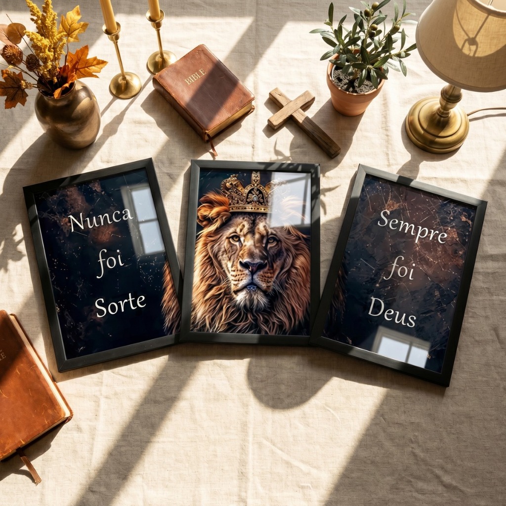 Kit 3 Quadros Decorativos 45x62 Leão de Judá Força Divina Frases Religiosas Moldura Vidro Sala Quarto