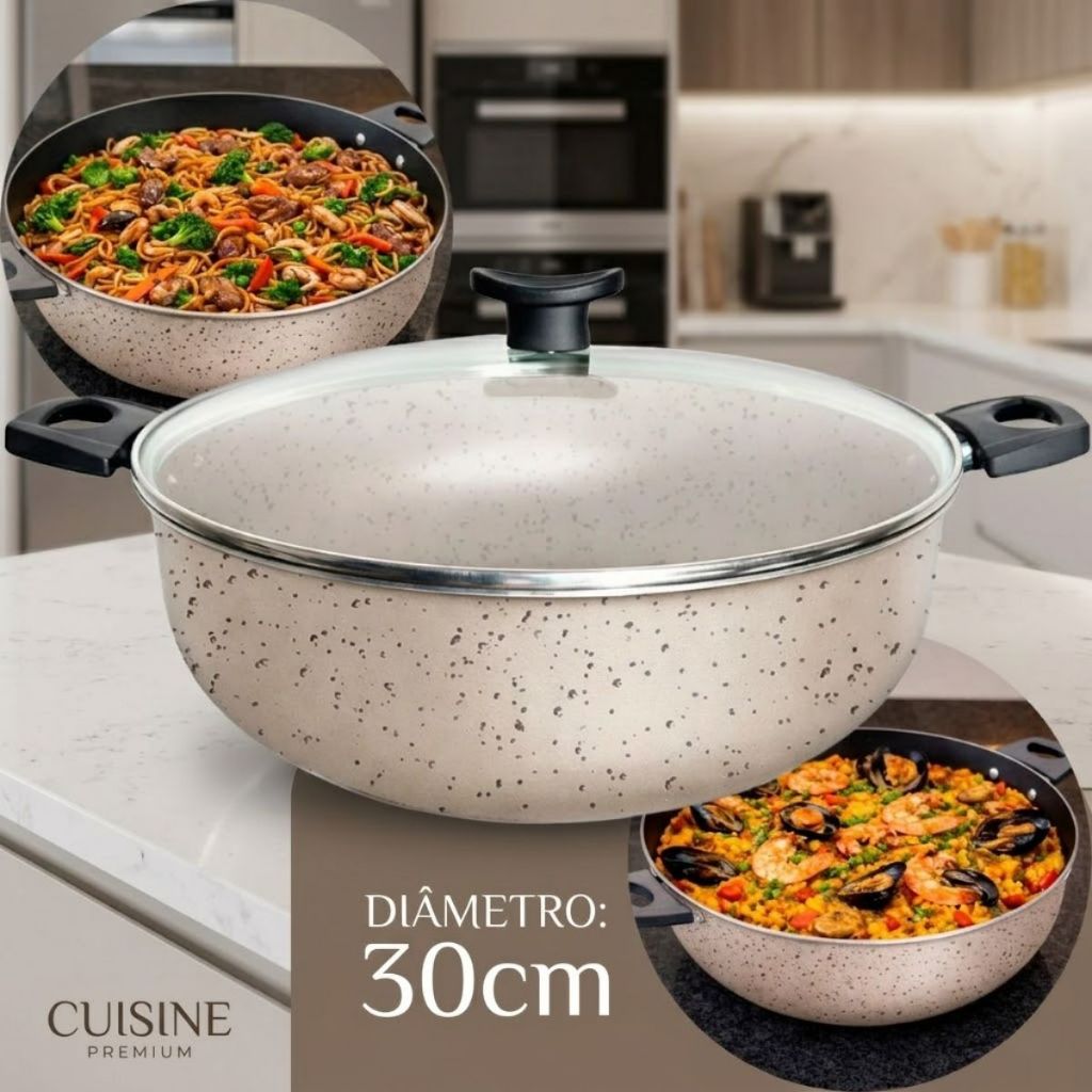 Frigideira Wok com Tampa 30cm Grande Alta Antiaderente Teflon de Vidro Caçarola paella pae...