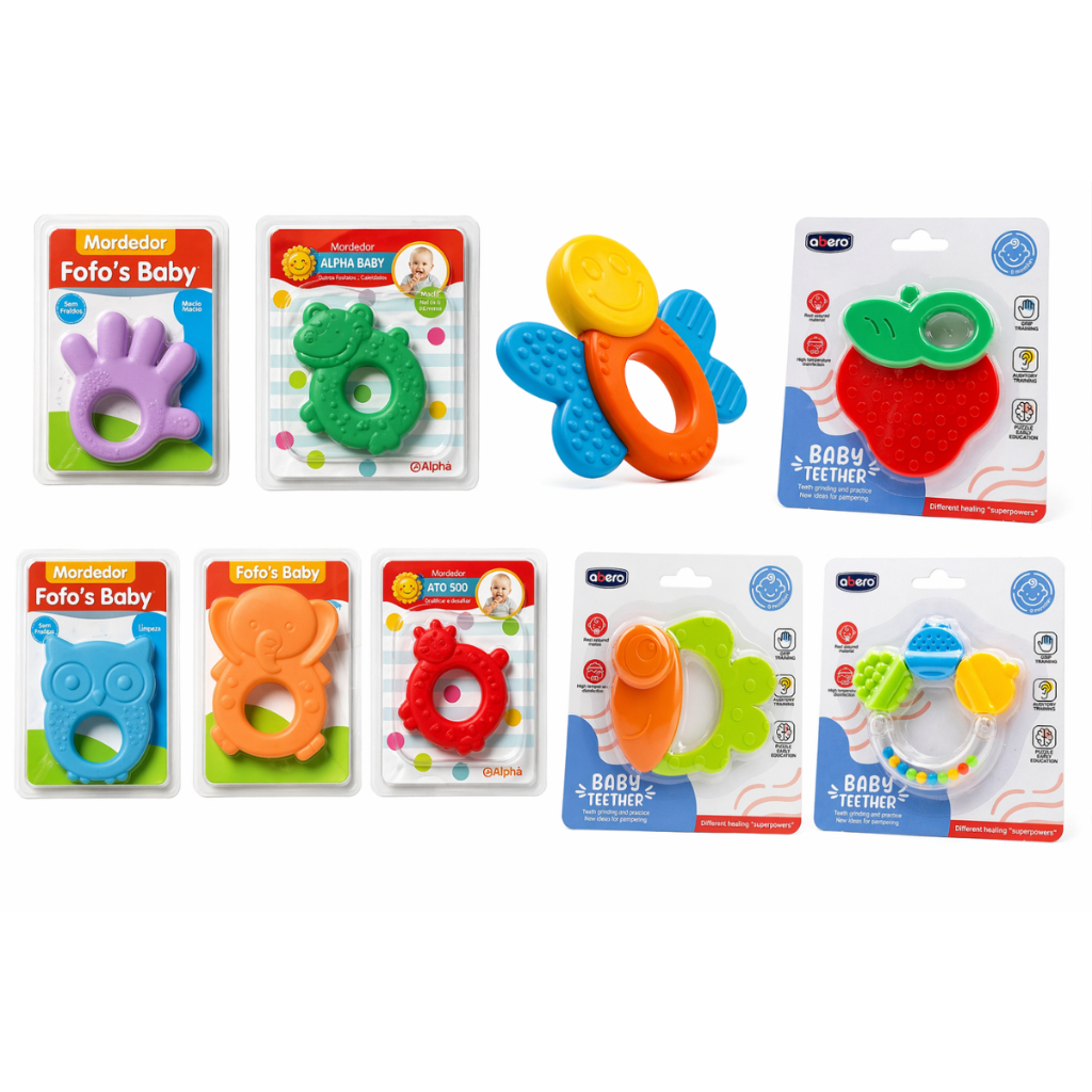 Mordedor e Chocalho com som  Bebê  Silicone Sensorial Dentição Infantil Seguro Macio