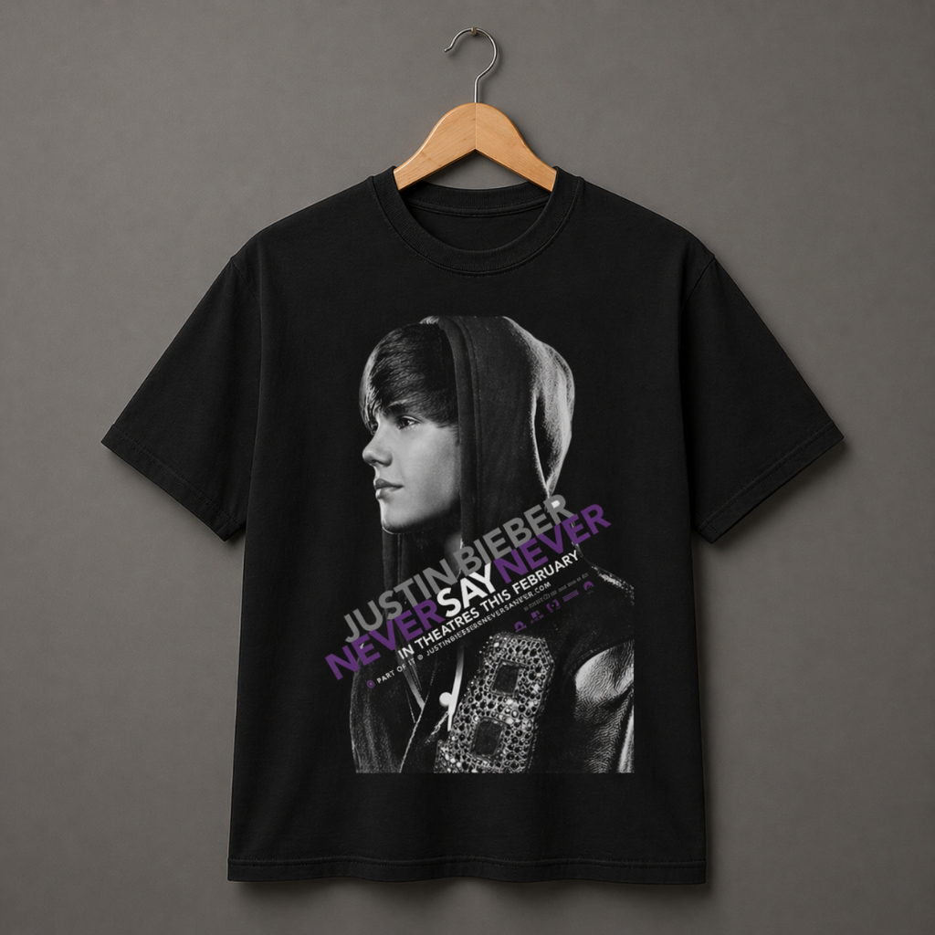 Camisa Camiseta Algodão Unissex, NEVER SAY NEVER Justin Bieber.