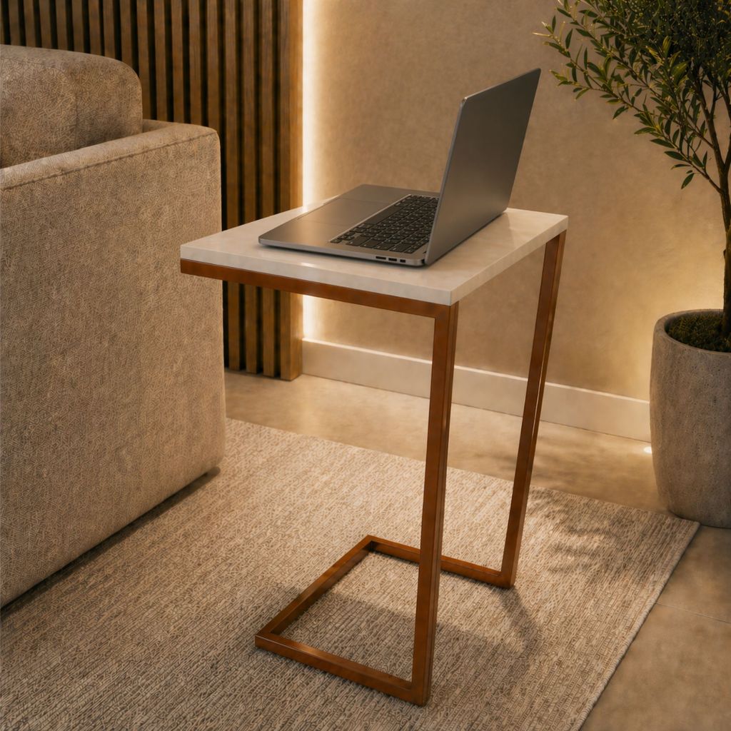 Mesa Lateral Apoio Para Sofá Notebook Estudos Home Office - Pérola / Dourado - Decore Art.