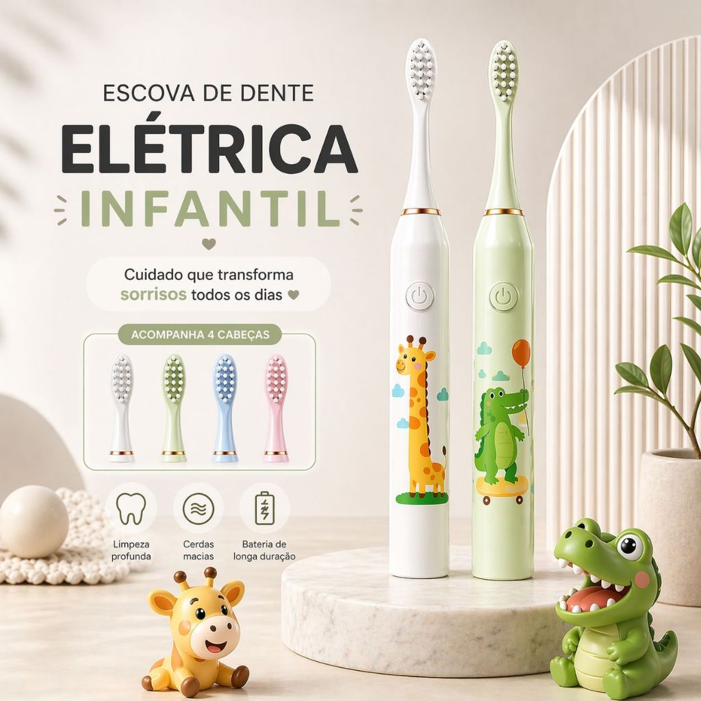 Escova de Dente Elétrica Infantil Sônica Recarregável