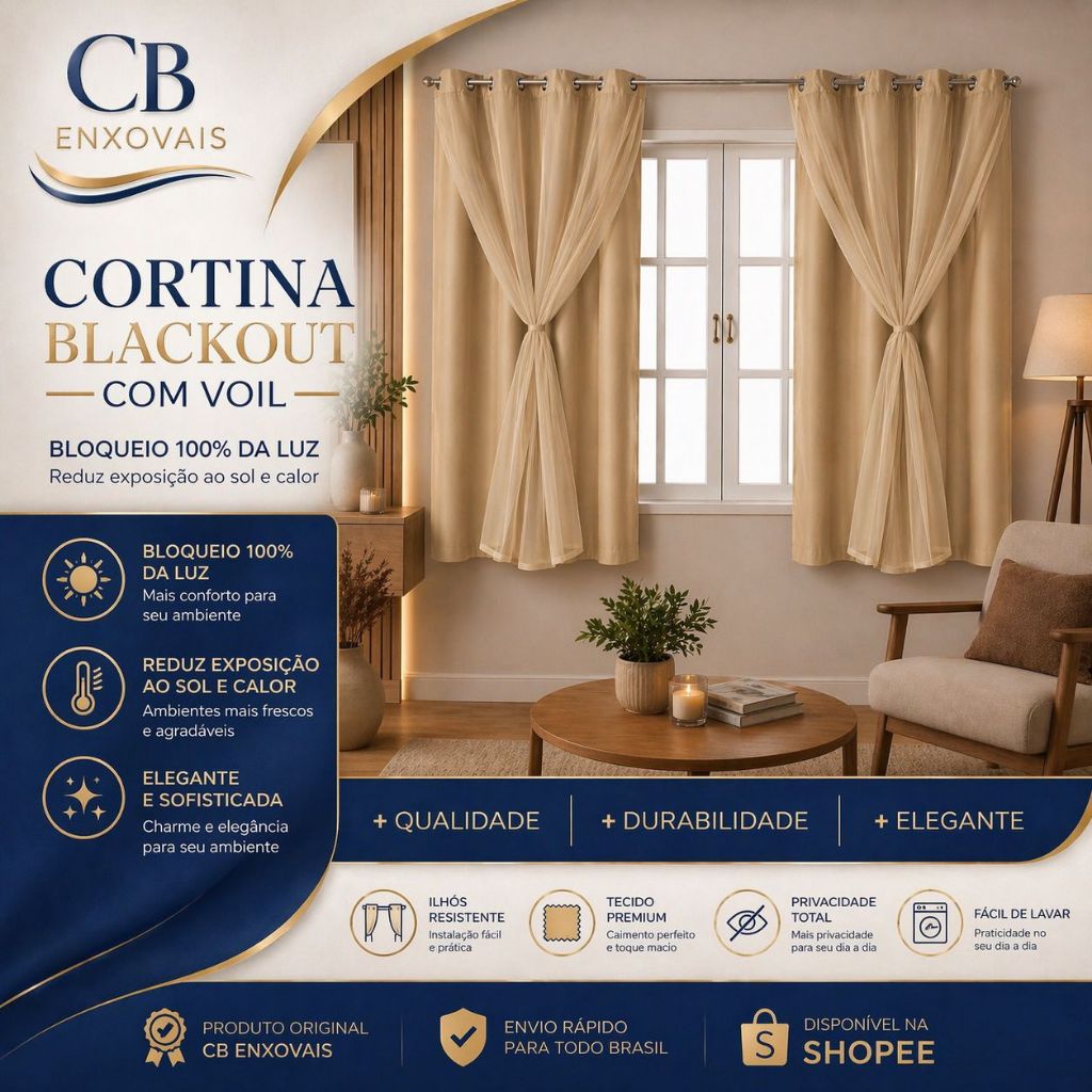 Cortina Blackout Blecaute 100% corta luz com Voil Liso Elegante e Econômica - 1 Parte 1,40M x1,80M