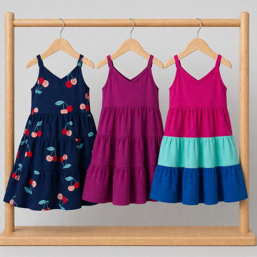 kit 3 pecas sortidas de Vestido Infantil Menina Rodado com Babado Liso e Estampado Tamanho 1 ao 3 Confortável