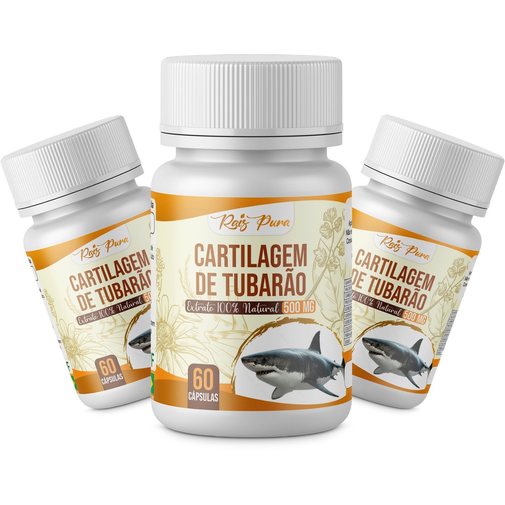 Kit 3 Unid - Cartilagem de Tubarão | Rico em Colágeno, Cálcio e Fósforo | 500 Mg - 60 cápsulas