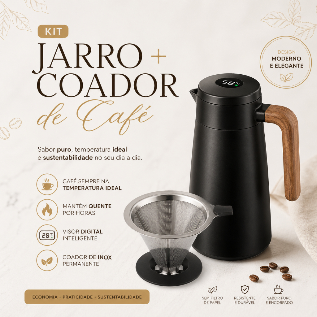 Kit Garrafa Térmica Café Com Termômetro Digital Jarro + Coador Inox 103 Permanente Sem Filtro Papel