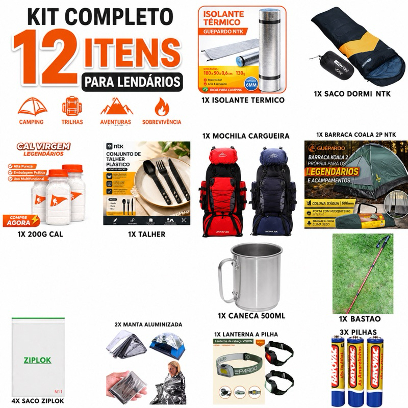 Kit Completo 12 Itens Para LGND | Mochila, Barraca, Saco de Dormir, Isolante, Lanterna, Talher, Caneca