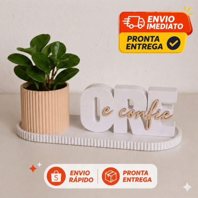 Kit Decorativo “Ore e Confie” com Vaso e Bandeja – Fé, Design Moderno e Elegância para seu Lar