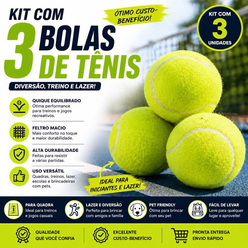 3 Bolas de Tênis Para Treino Jogo Lazer Cachorro Quique Macio