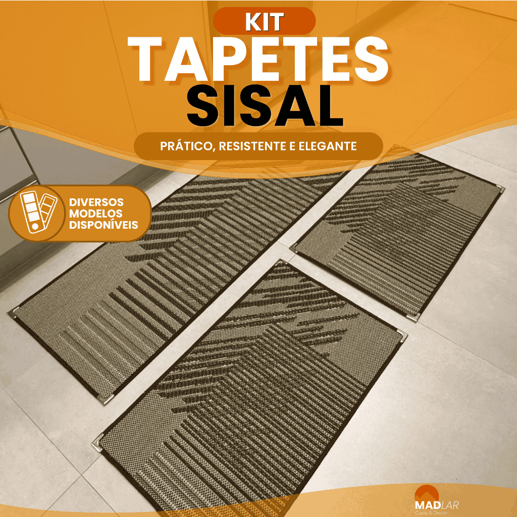 Jogo Tapete Sisal Kit 3 Peças Antiderrapante Cozinha Beira de Cama Pia