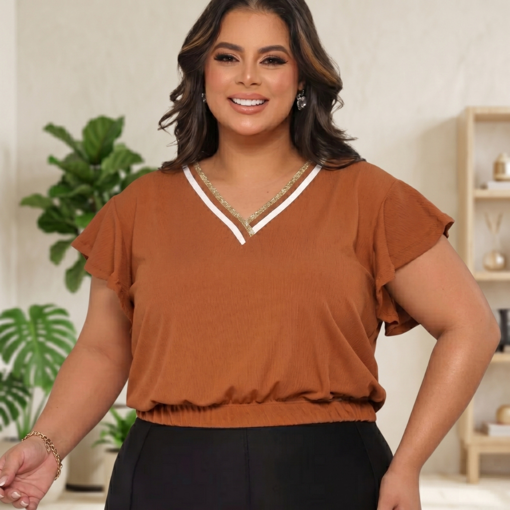 Blusa Cropped Plus Size Canelada Gola V Premium