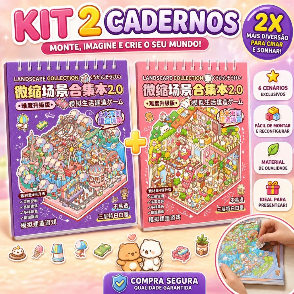 Kit 2 Caderno de Cenário e Adesivo 2.0 Grande 3d 6 Cenários Mais Pinça Cenários Criativos