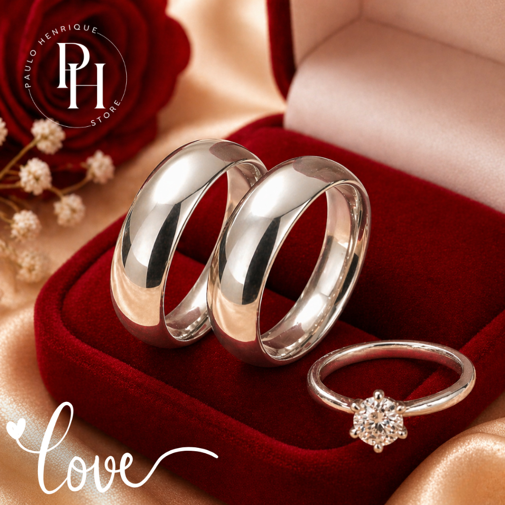 Par Alianças Moeda Antiga 6mm + Anel Solitário Prata Luxo Noivado Inox Casamento com Caixa