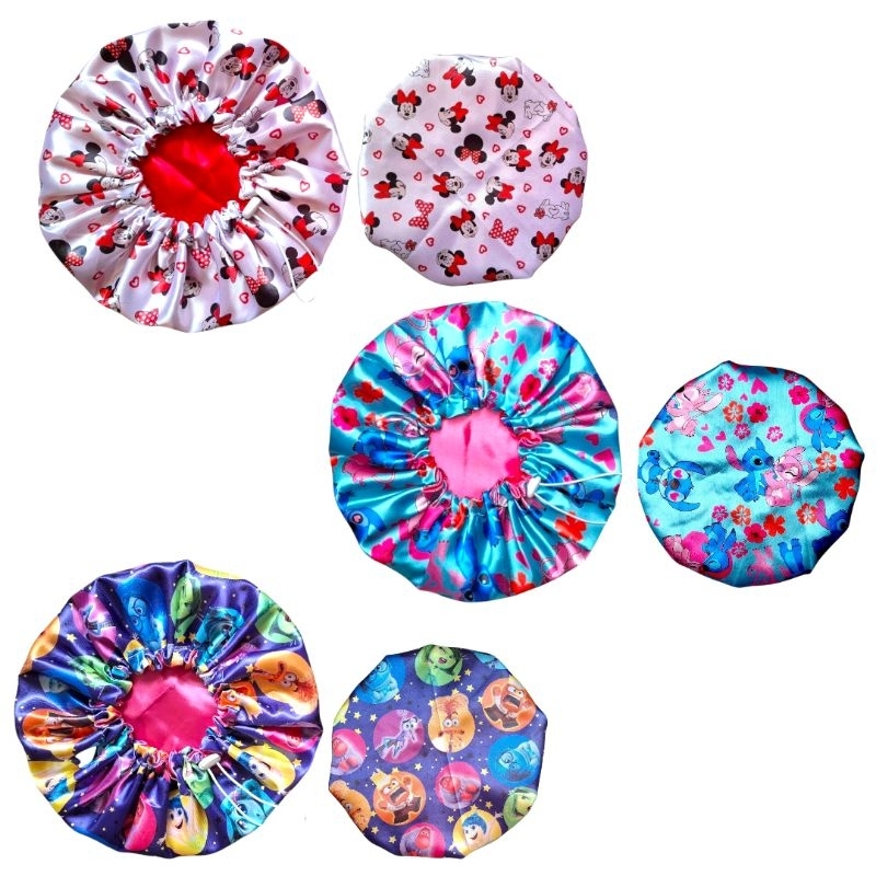 Kit Touca E Scrunchie Cetim Stitch Minnie Princesas Divertidamente Minicraft Personagem Temática Anti-frizz seda toca