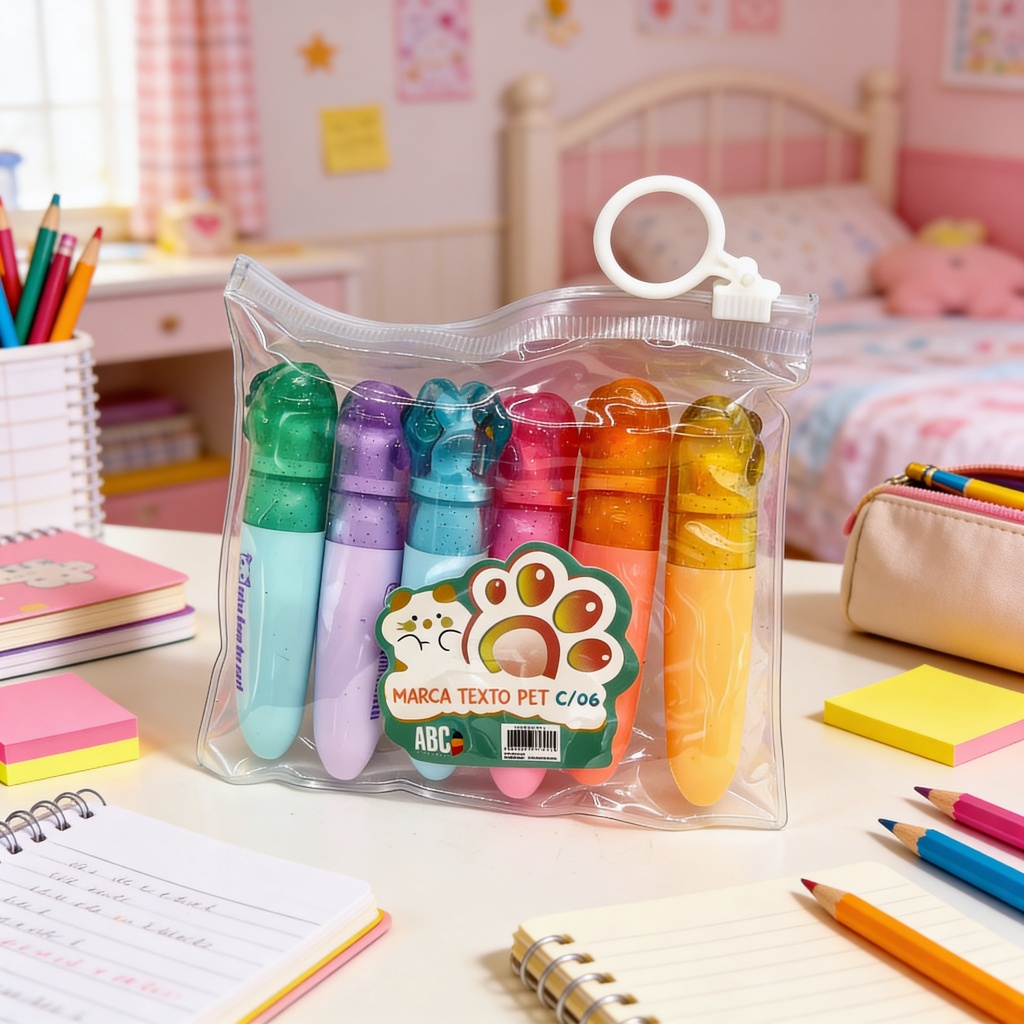 Mini Marca Texto Pets 6 Cores ABC 🐾🌈✨|Marca Texto Colorido,Ponta Chanfrada,Estudos,Fofo,Pata de Gato