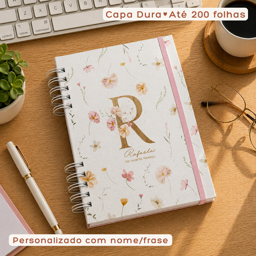 Caderno de Anotações A5 Personalizado Com Inicial Nome na Capa Floral Pautado Capa Dura Feminino Florido 100 Folhas