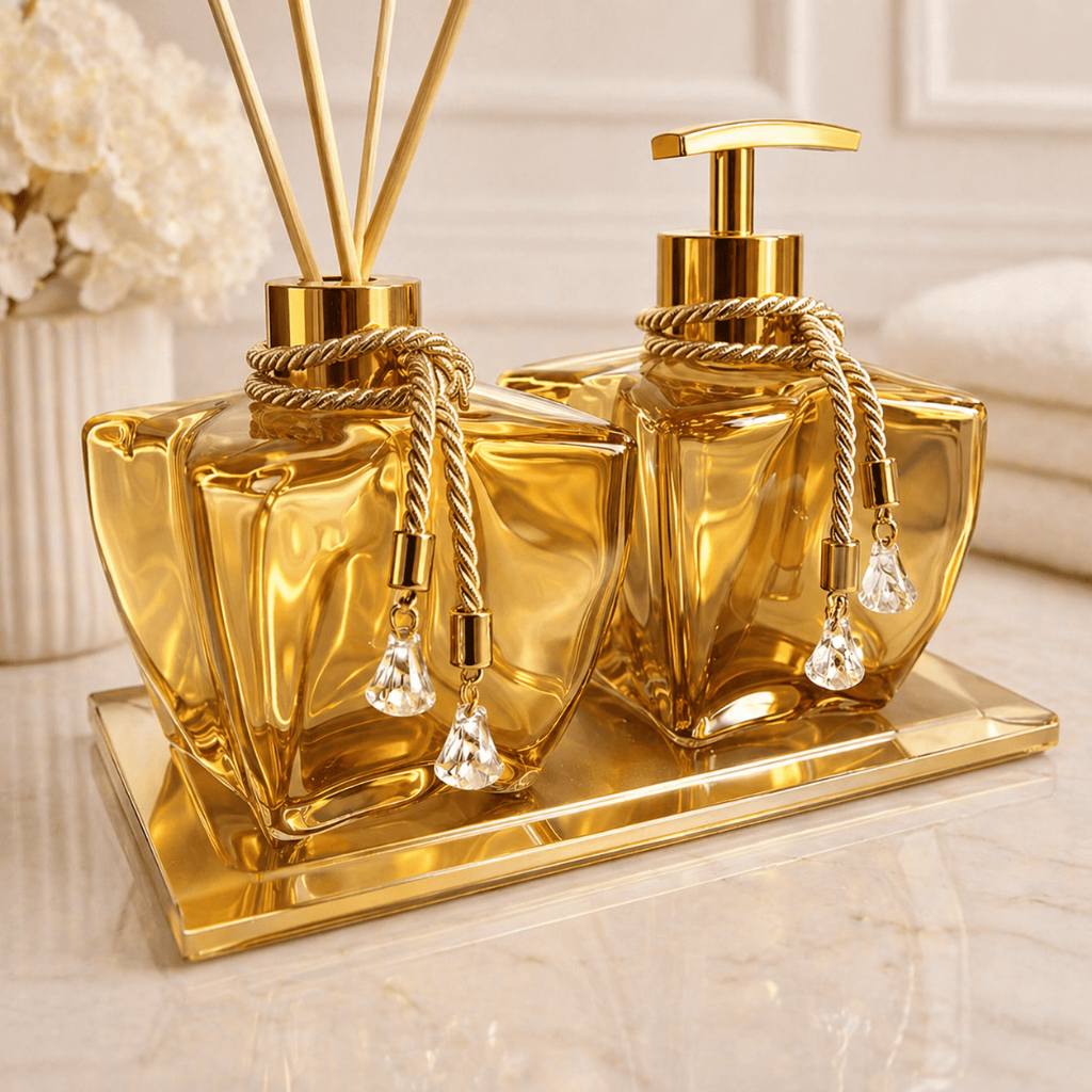 kit lavabo estrela mel com detalhes ouro bandeja espelhada