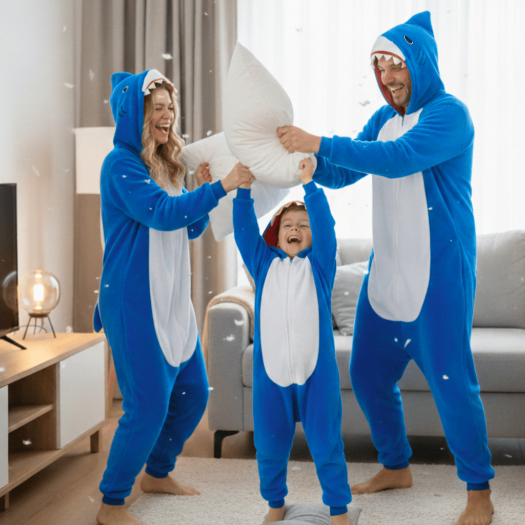 Pijama Cosplay Macacão Dinossauro Unicórnio Tubarão Vaquinha Infantil e Adulto