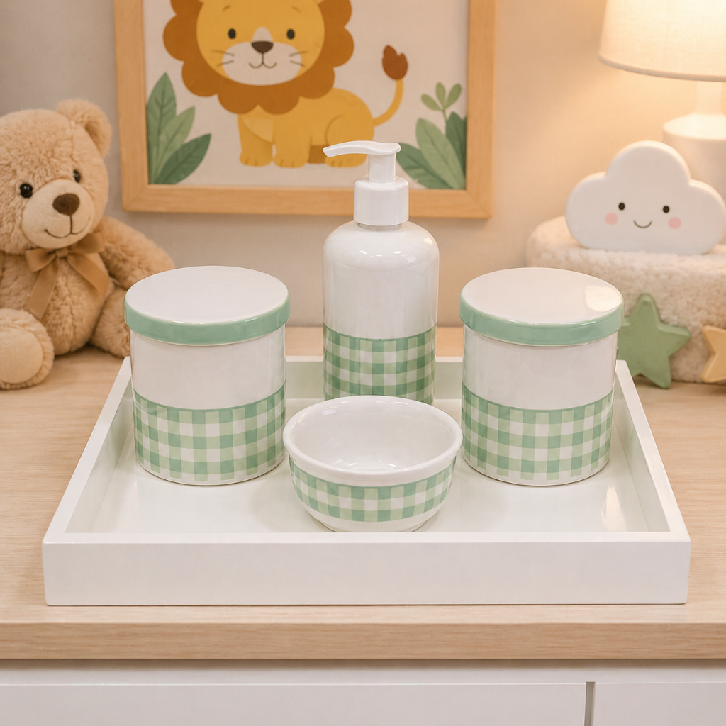 Kit Bebe Porcelana Higiene  Maternidade Xadrez Verde Delicado
