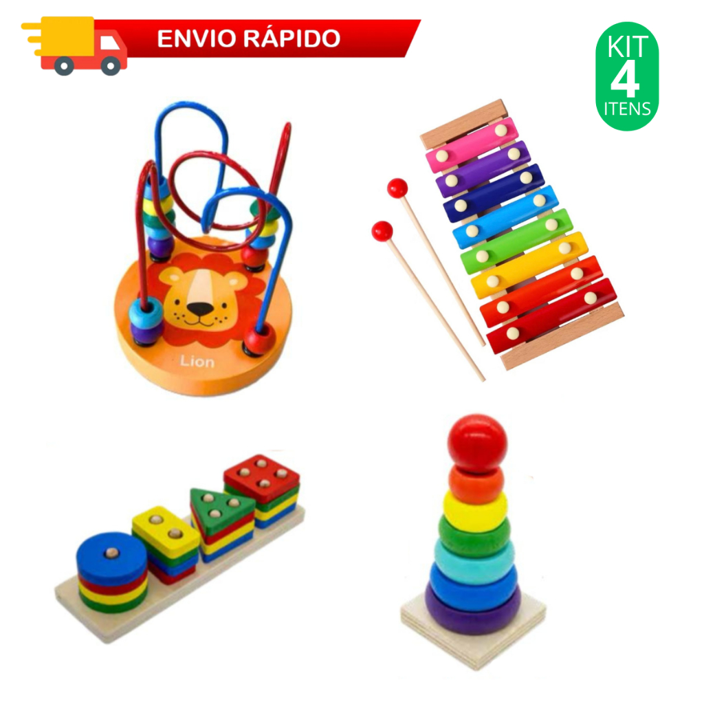Kit com 4 Brinquedos Educativos em Madeira