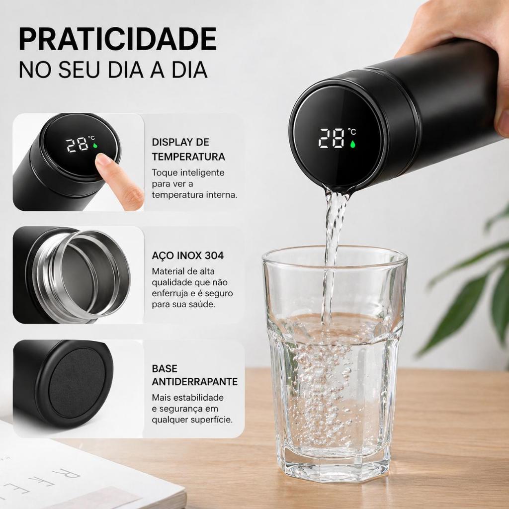 Garrafa Térmica Inox 500ml com Termômetro Digital LED | Mantém Quente e Frio | Tampa Inteligente