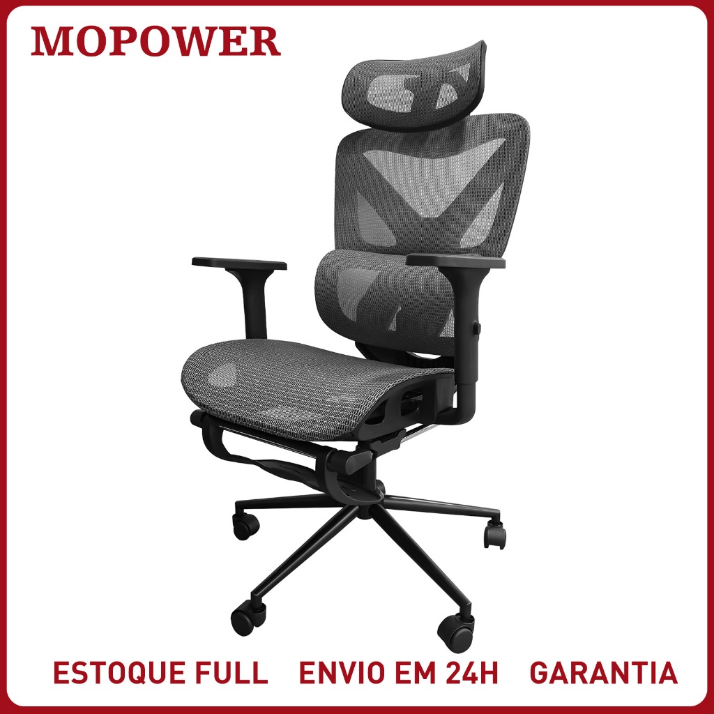 Cadeira Escritório Presidente Ergonômica Giratória 150kg Reclinável Apoio Pés Braço 3D Home Office Gamer