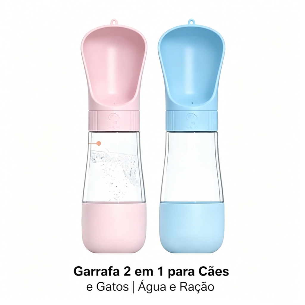 Garrafa Portátil 2 em 1 para Cães e Gatos, Bebedouro com Compartimento para Água e Ração