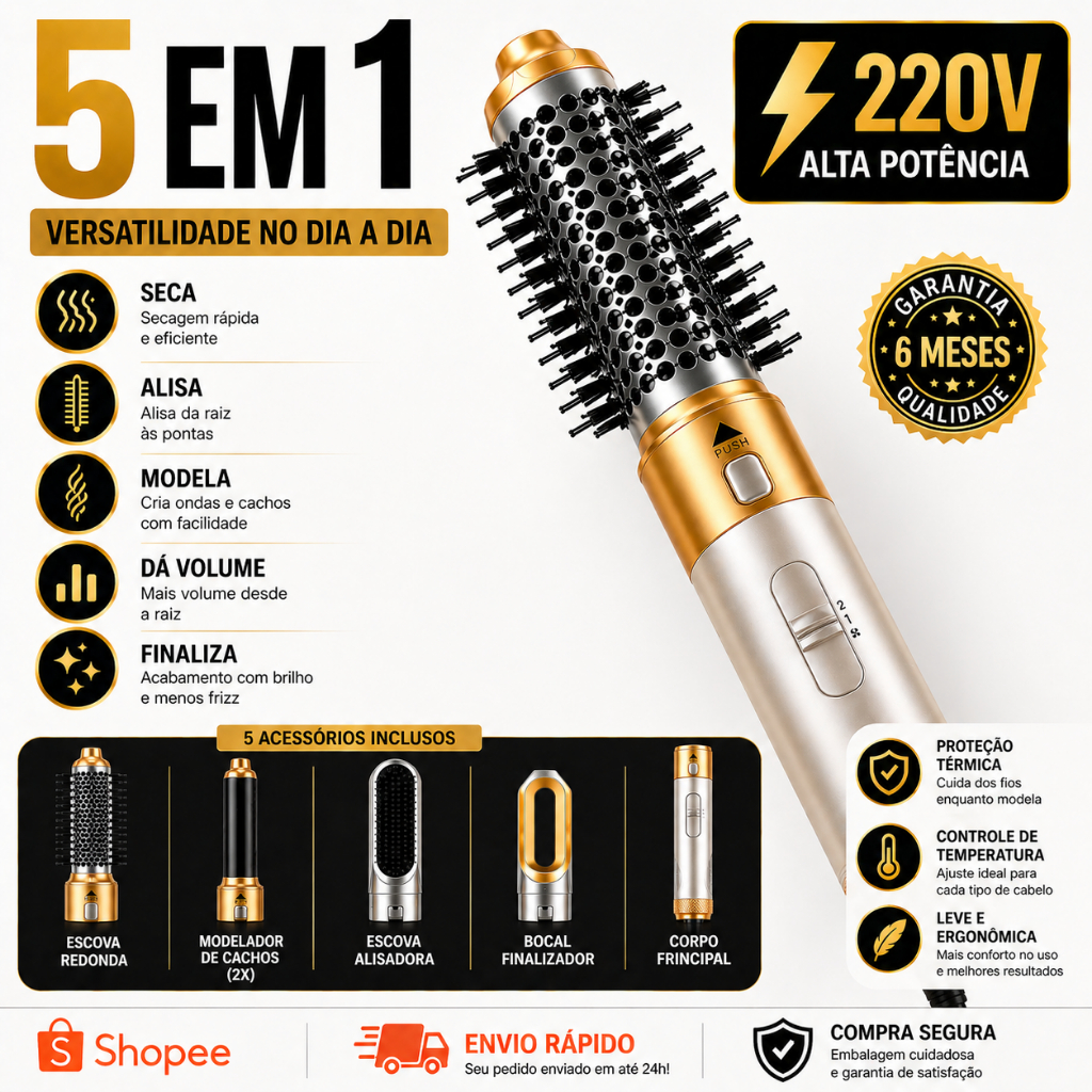 ESCOVA SECADORA 5 EM 1 PROFISSIONAL 220V | SECA ALISA MODELA | RESULTADO DE SALÃO + ENVIO RÁPIDO