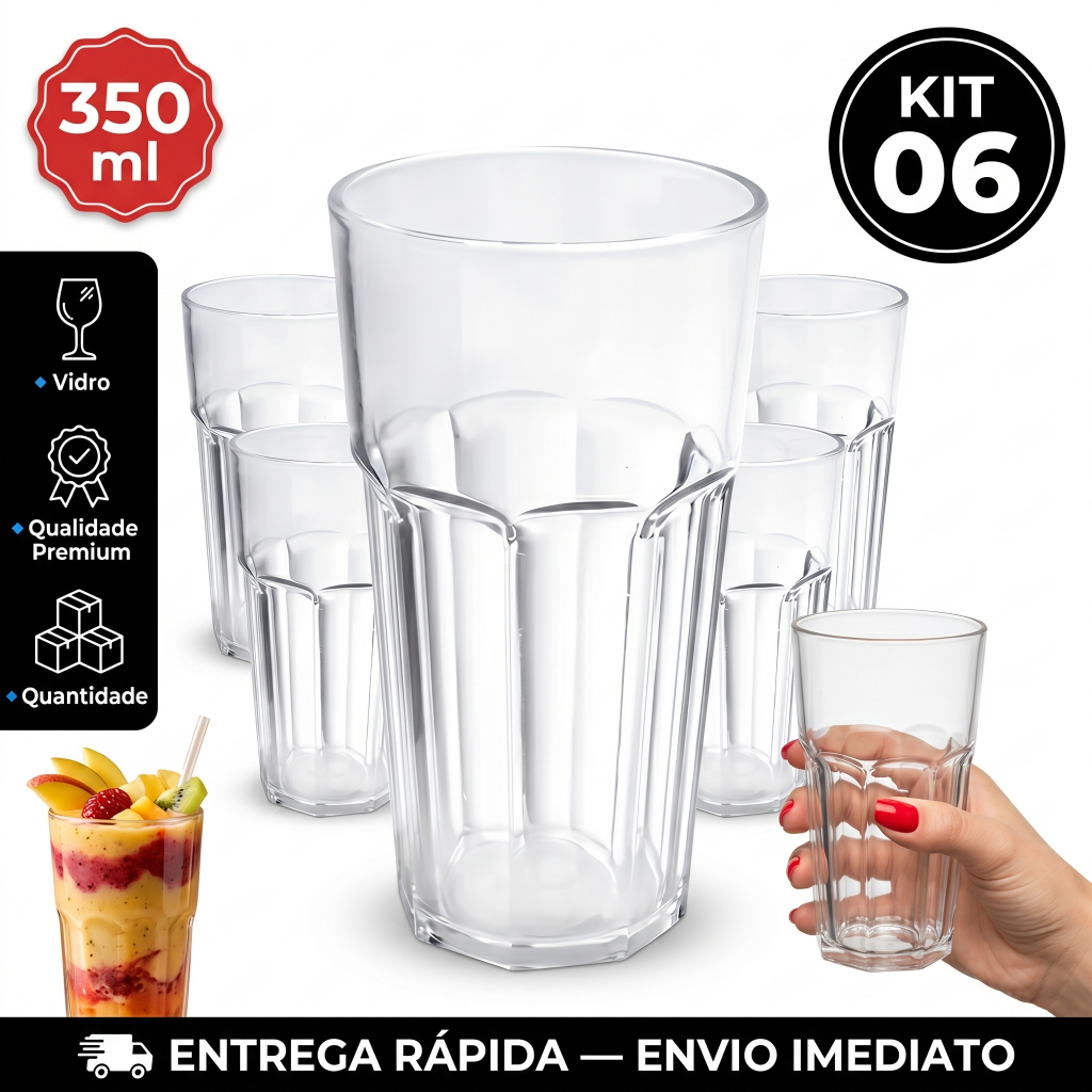 Kit 06 Jogo 06 Copos Bristol Resistente 350ml Nadir Vitaminas sucos Long Drink Gourmet Vitaminas Outback Vidro Transpare