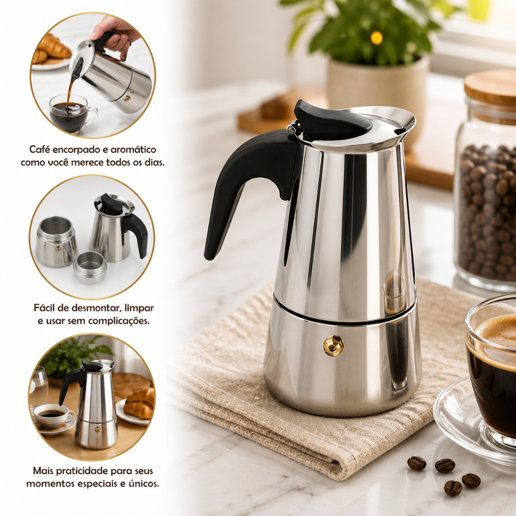 Cafeteira Italiana Inox Premium Capacidade 6 Xicaras Design Clássico Cafe Espres