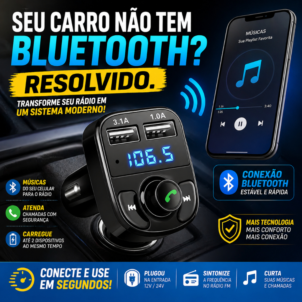 Adaptador Bluetooth Carro Transmissor FM Carregador Veicular Compatível com Android e iPhone