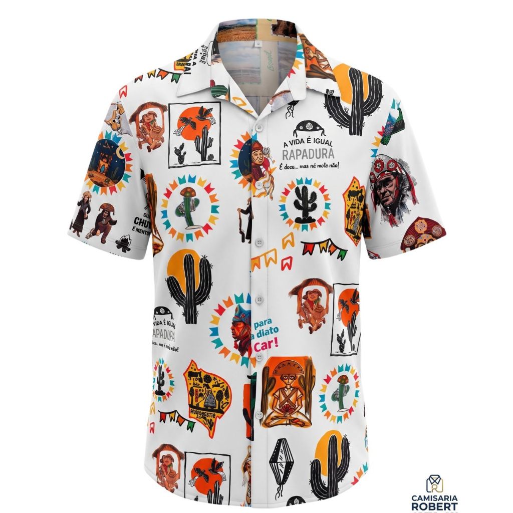 Camisa Masculina Estampada Poliéster com Elastano Estilo Tropical Casual P M G GG