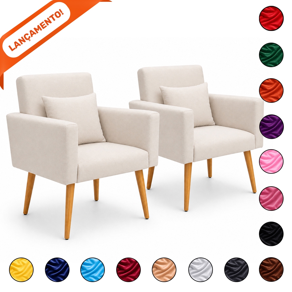 Kit 02 Poltronas para Sala Decorativa Nina com Almofada Pés Palito Suede Aninha Decor