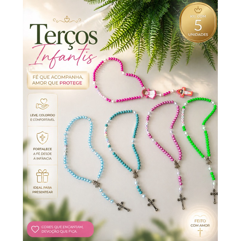 Terço Infantil Colorido Personalizado com Nome – Terço Católico Criança com Cruz e Medalha | Presente Religioso