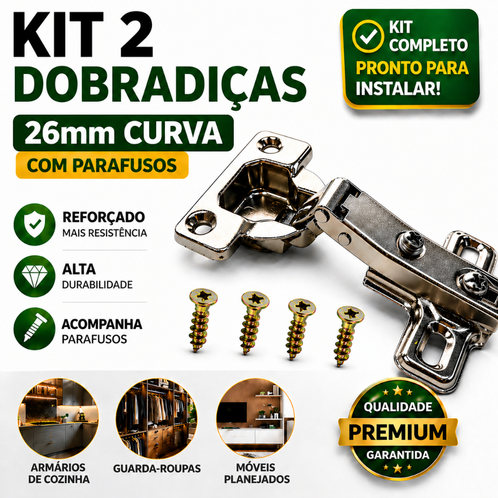 Kit 2 Dobradiça 26mm Curva Armário Porta Móveis Cozinha Guarda Roupa Com Parafuso