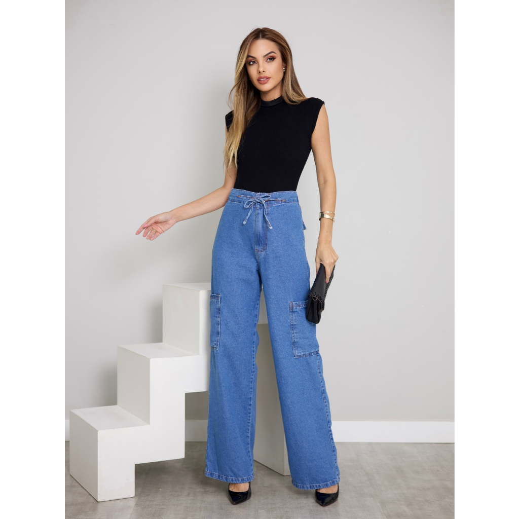 WL Moda Calça Denim Feminina de Perna Reta e Corte Folgado em Cor Sólida com Bolsos Grandes design de cintura com cordão