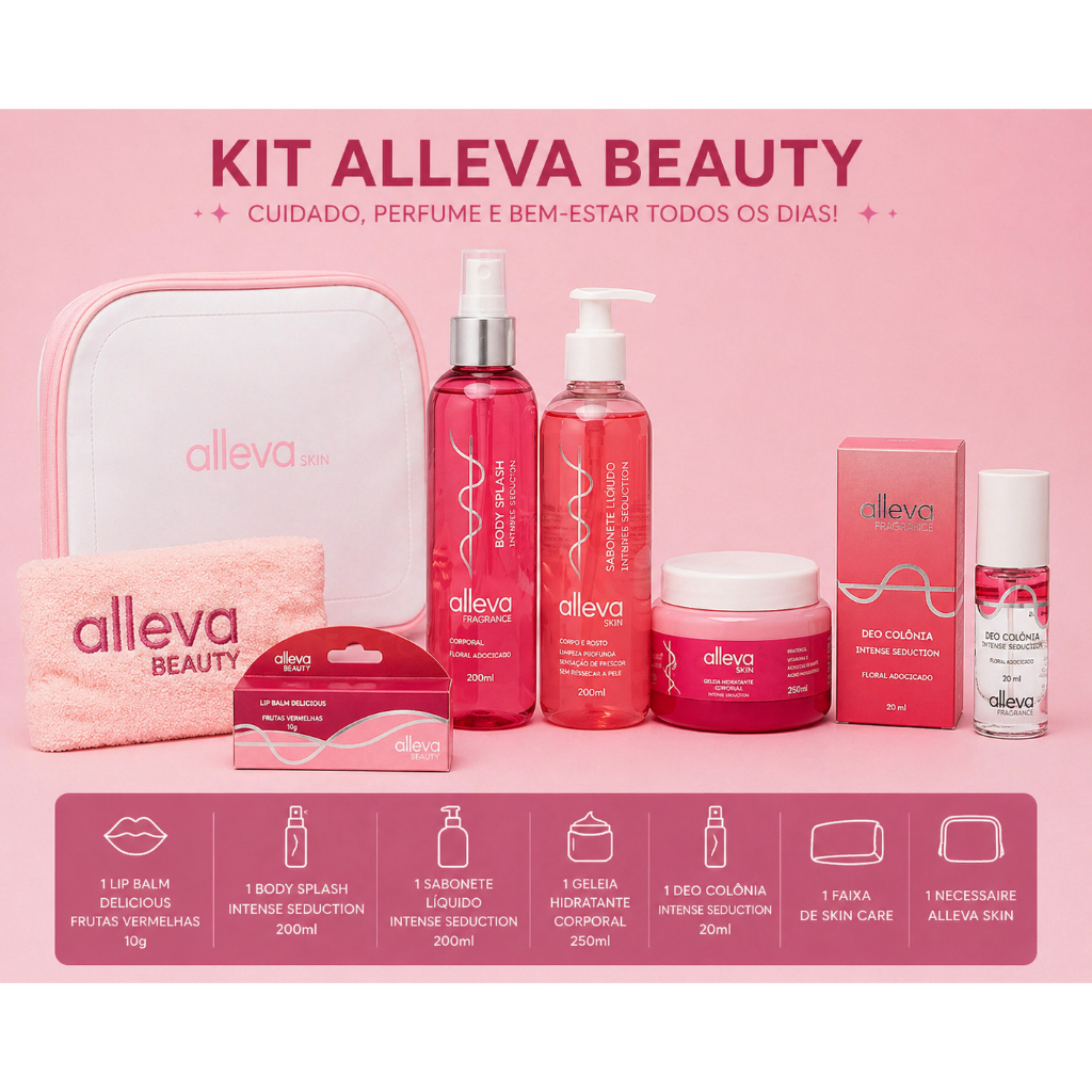 Kit Alleva Beauty Completo – Body Splash, Sabonete, Geleia, Perfume, Lip Balm + Nécessaire